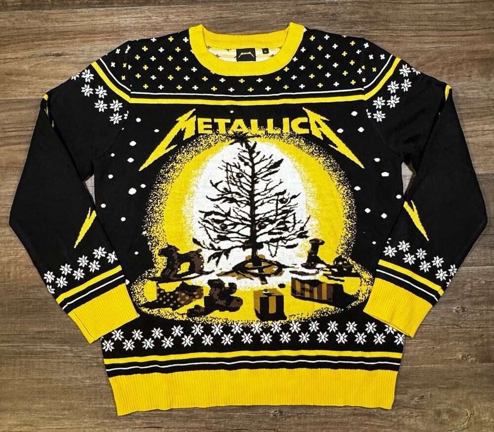 Metallica 72 Seasons Greetings Ugly Christmas Sweater Men’s XL Black Yellow Knit